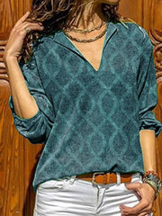 Geometric Casual Shawl Collar Long Sleeve Shirts & Tops