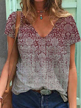 V Neck Cotton-Blend Tribal Short Sleeve T-Shirts