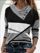 Blouse Black Fuchsia Gray Color Block Button Print Long Sleeve Casual Weekend Basic V Neck Regular S for Women