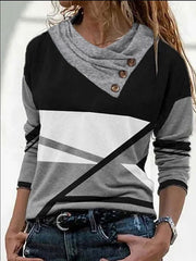 Blouse Black Fuchsia Gray Color Block Button Print Long Sleeve Casual Weekend Basic V Neck Regular S for Women