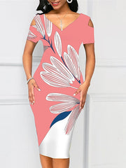 Bodycon Sheath Dress Midi Dress Black Pink Green Short Sleeve Floral Cold Shoulder Spring Summer V Neck Elegant Weekend S M L XL XXL 3XL for Women