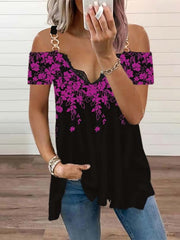 Blouse T shirt Floral Strappy Shoulder Venting Daily V Neck Regular Summer White Dark Red Pink Red Blue for Women