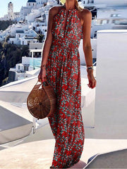 Boho Dress Long Dress Maxi Dress Halterneck Dress Green Blue Khaki Sleeveless Floral Cut Out Spring Summer High Neck S M L XL for Women