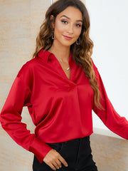 Blouse White Red Light Brown Plain Long Sleeve Work Weekend Streetwear Shirt Collar Regular Silk Like Satin S for Women
