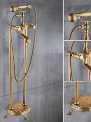 Bathtub Faucet Floor Mounted, Brass Retro Style Telephone Shape Brass Electroplated Finish Two Handles Two Holes Shower Faucet with Handshower and Drain