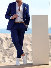 Blue Men's Beach Wedding Suits 2 Piece Solid Colored Tailored Fit Single Breasted Two-buttons