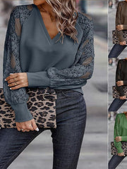 Blouse Lace Solid Color Lace Lace V Neck Standard Spring, Fall, Winter, Summer dark brown Ash Green Black for Women