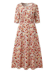 Boho Dress Midi Dress Pink 3/4 Length Sleeve Floral Ruched Summer Spring Fall Crew Neck Stylish Weekend S M L XL XXL 3XL for Women