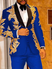 Burgundy Men's Party Prom Sequin Disco Sparkly Tuxedos 2 Piece Shawl Collar Floral Print Standard Fit Single Breasted One-button