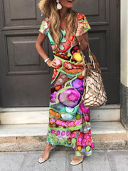 Holiday Geometric V Neck Short Sleeve Maxi Dresses
