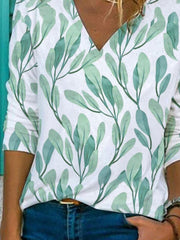 Green Leaves Printed Casual V Neck Long Sleeve Shift Shirts & Tops