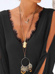 Long Sleeve V Neck Cotton-Blend Dresses