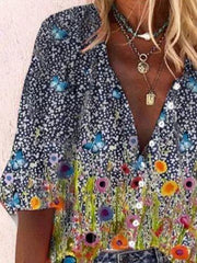 V Neck Floral Holiday Long Sleeve Shirts & Tops