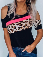 Beauty Strapless Leopard Print Stitching Short Sleeve T-shirt for Women