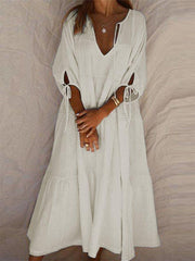 Half Sleeve V Neck Linen Slit Dress