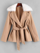 Belted Fur Collar Wool Blend Peacoat for Women