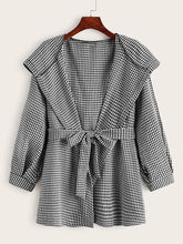 Belted Houndstooth Print Hooded Coat for Women