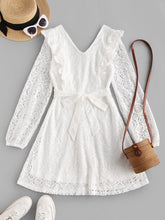 Belted Ruffles Long Sleeve Lace Dress