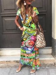 Holiday Geometric V Neck Short Sleeve Maxi Dresses