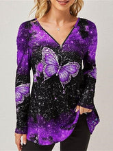 Blouse T shirt Tee Red Blue Sky Blue Butterfly Zipper Print Long Sleeve Casual Daily Ethnic Style Vintage Style Crew Neck L for Women