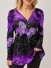 Blouse T shirt Tee Red Blue Sky Blue Butterfly Zipper Print Long Sleeve Casual Daily Ethnic Style Vintage Style Crew Neck L for Women