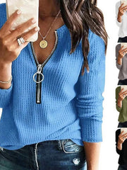Blouse Zip Up Solid / Plain Color Basic Regular Spring & Fall Olive Green Denim Blue khaki White Black for Women