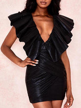 Black Sleeveless Ruffle Ruched Hip Slim Mini Dress for Women