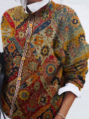 Brushed Geometric Print Button Long Sleeve Blouse