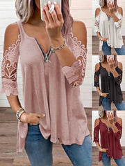 Blouse Lace Zipper Solid Color Lace Basic Standard Summer Black White Pink Red for Women