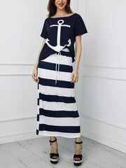 Boat Anchor Print T-Shirt & Striped Skirt Set for Women