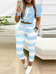 Boat Anchor Print Top & Striped Colorblock Pants Set for Women