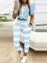 Boat Anchor Print Top & Striped Colorblock Pants Set for Women