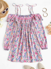 Bohemian Printed Tie Cold Shoulder Ruffles Dress