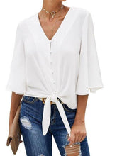 Bowknot V-Neck Slim-Fit Half Sleeve Blouse