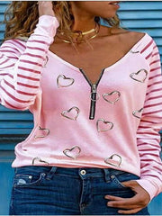 Blouse Pink Khaki Dark Gray Heart Zipper Long Sleeve Daily Going out Casual V Neck Loose Fit S for Women