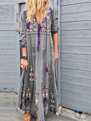 Bohemia Casual Dress Shift Dress Boho Dress Long Dress Maxi Dress Red Blue Brown Long Sleeve Floral Print Summer Fall Autumn V Neck Vacation Weekend Fall Dress S M L XL XXL 3XL 4XL for Women