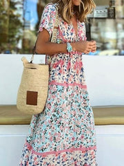 Bohemia Floral V Neck Long Dress Maxi Dress Pink Short Sleeve Floral Ruched Spring Summer Modern Weekend S M L XL XXL 3XL for Women
