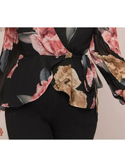 Blouse Black Floral Ruched Print Long Sleeve Work Going out Festival V Neck L for Women