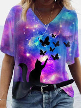 Butterfly & Cat Printed V-neck T-shirt