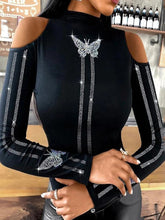 Butterfly Diamond Round Neck Off-shoulder Long Sleeves T-shirt