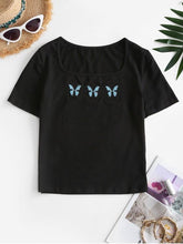 Butterfly Embroidered U Neck T-shirt