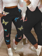 Butterfly Print Pocket Design Shirring Waist Casual Pants for Women