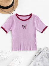 Butterfly Print Ribbed Knit Ringer Top