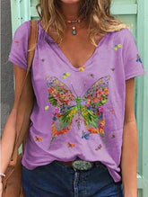 Butterfly Print Short-sleeved V-neck Casual T-shirt