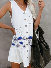 Butterfly Print V Neck Buttoned Dress