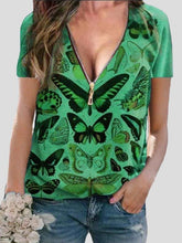 Butterfly Print Zipper V-neck Pullover Top for Women