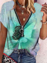 Butterfly Print Zipper V-neck Short Sleeve T-shirt