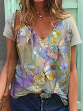 Butterfly Printed V-neck Short-sleeved T-shirt for Women