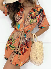 Button Design Graphic Tropical Print Short Sleeve Shirt Dress