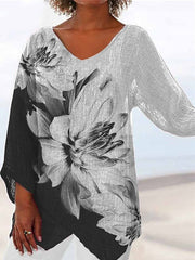 Blouse Black Navy Blue Dark Blue Graphic Floral Print Long Sleeve Daily Going out Basic Vintage V Neck Regular Cotton L for Women
